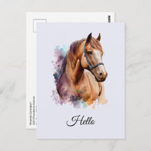 Brown Horse Head Portrait in Watercolor Postcard