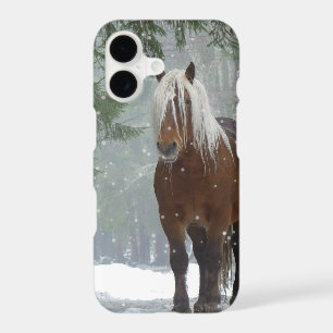 Brown Horse in a Winter Forest with Snow Falling