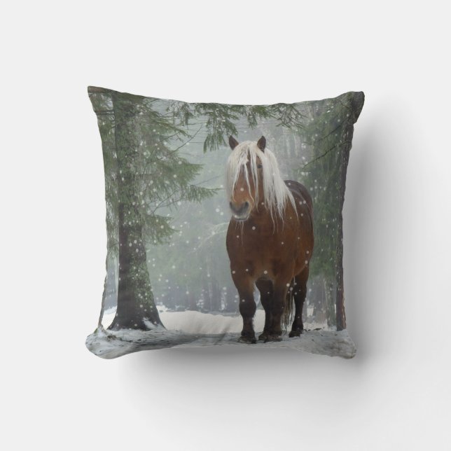 Brown Horse in a Winter Forest with Snow Falling Cushion (Front)