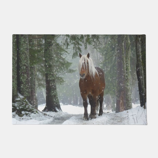 Brown Horse in a Winter Forest with Snow Falling Doormat (Front)