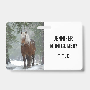 Brown Horse in a Winter Forest with Snow Falling ID Badge