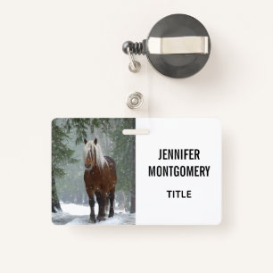 Brown Horse in a Winter Forest with Snow Falling ID Badge