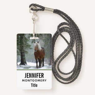 Brown Horse in a Winter Forest with Snow Falling ID Badge