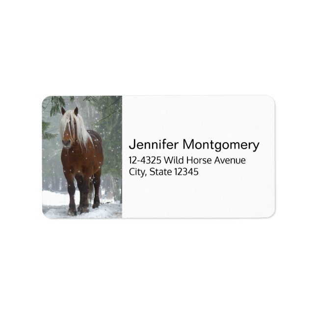 Brown Horse in a Winter Forest with Snow Falling Label (Front)