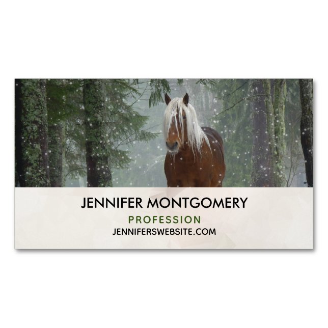 Brown Horse in a Winter Forest with Snow Falling Magnetic Business Card (Front)