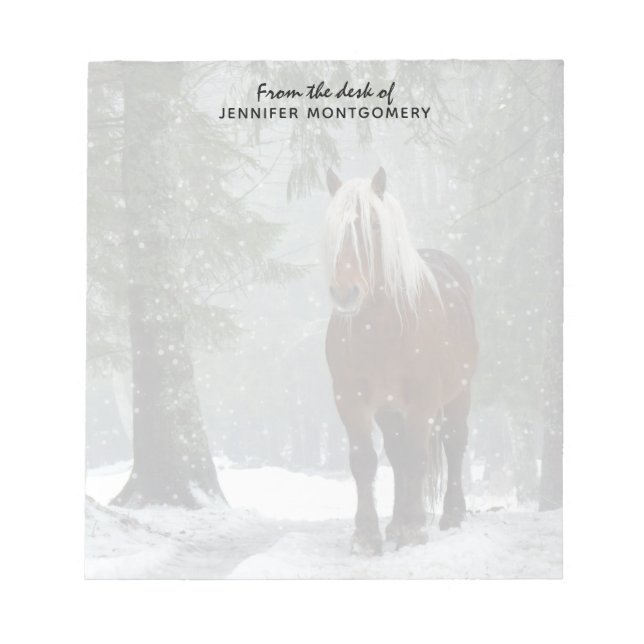 Brown Horse in a Winter Forest with Snow Falling Notepad (Front)