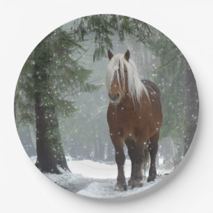 Brown Horse in a Winter Forest with Snow Falling Paper Plate