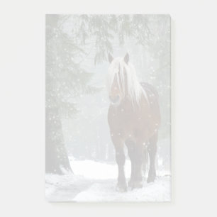 Brown Horse in a Winter Forest with Snow Falling Post-it Notes