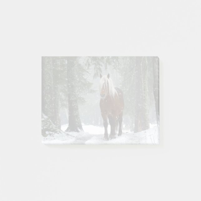 Brown Horse in a Winter Forest with Snow Falling Post-it Notes (Front)
