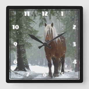 Brown Horse in a Winter Forest with Snow Falling Square Wall Clock