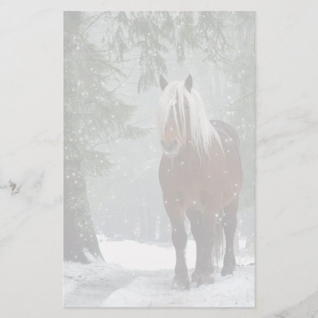 Brown Horse in a Winter Forest with Snow Falling Stationery (Front)