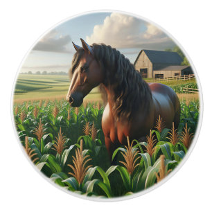 Brown Horse in Cornfield on the Farm Ceramic Knob