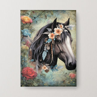 Brown horse in flowers.