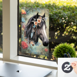Brown horse in flowers.