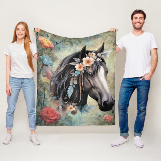 Brown horse in flowers. Fleece Blanket