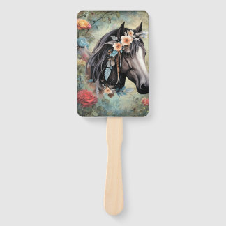 Brown horse in flowers. Hand Fan