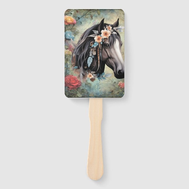  Brown horse in flowers. Hand Fan (Front)