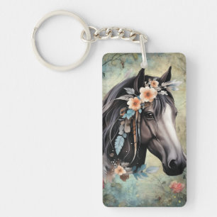 Brown horse in flowers. Key Ring