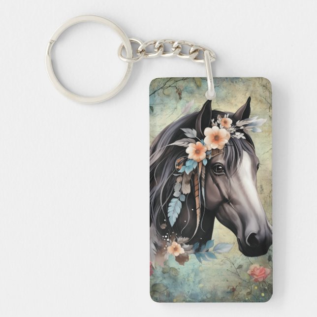  Brown horse in flowers. Key Ring (Front)