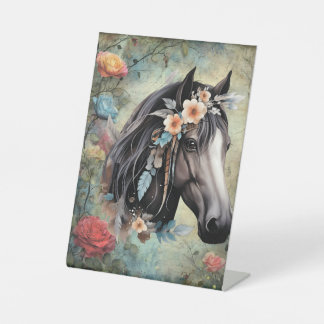 Brown horse in flowers. Pedestal Sign