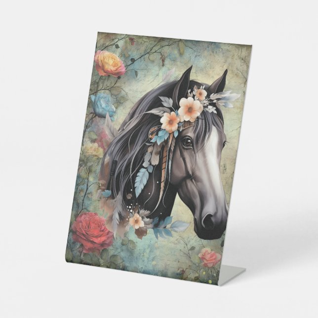  Brown horse in flowers. Pedestal Sign (Front)