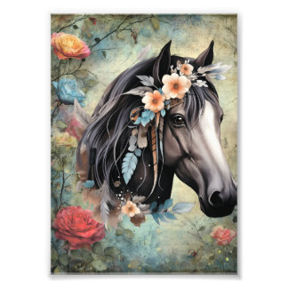 Brown horse in flowers. Photo Print