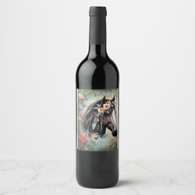  Brown horse in flowers. Wine Label (Front)
