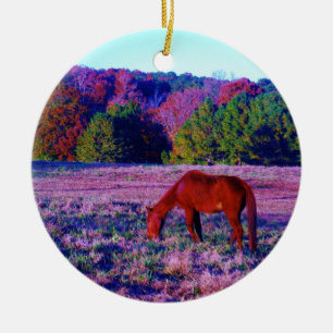 Brown horse in Purple Grass Ceramic Ornament