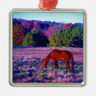 Brown horse in Purple Grass Metal Ornament
