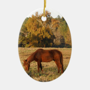 Brown horse in  yellow tree field ceramic tree decoration
