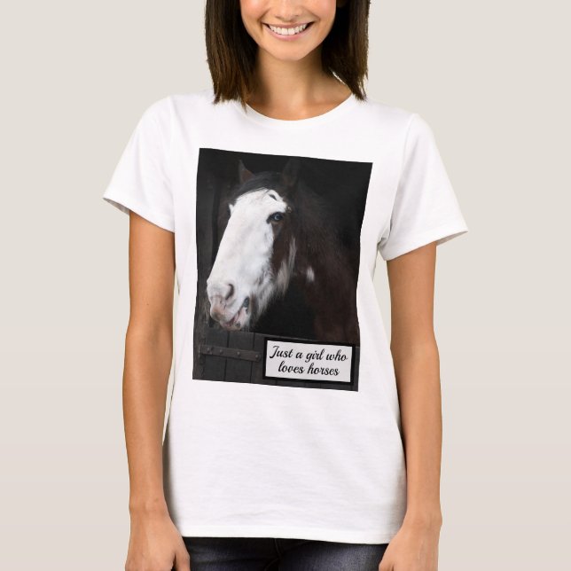 Brown Horse on Farm Just a Girl who Loves Horses T-Shirt (Front)