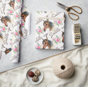 Brown Horse Pink Birthday Girl Cowgirl Wrapping Paper