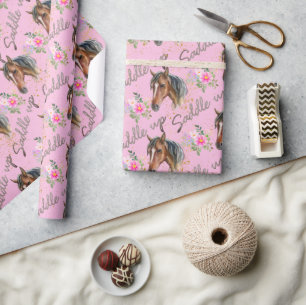 Brown Horse Pink Birthday Girl Cowgirl  Wrapping Paper