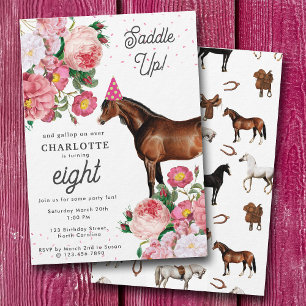 Brown Horse Pink Floral Girl Cowgirl Birthday Invitation