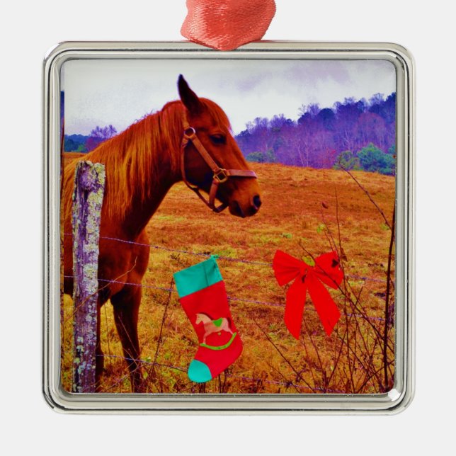 Brown horse purple tree Christmas Metal Ornament (Front)