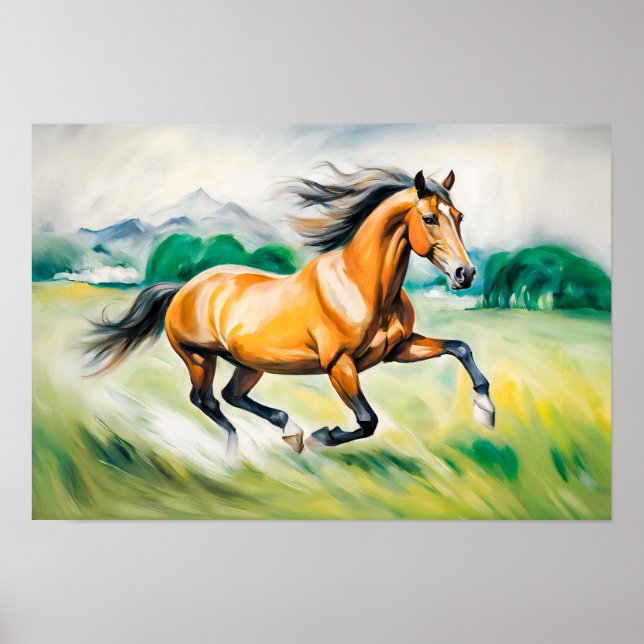 Brown Horse Running Across a Meadow Poster (Front)