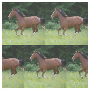 Brown Horse Running Through Field Fabric