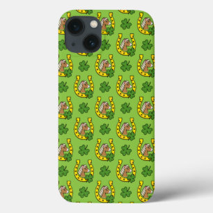 Brown Horse w Golden Horse Shoe, Shamrock Pattern iPhone 13 Case