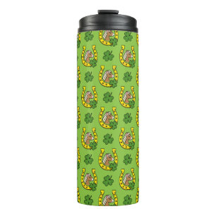 Brown Horse w Golden Horse Shoe, Shamrock Pattern Thermal Tumbler