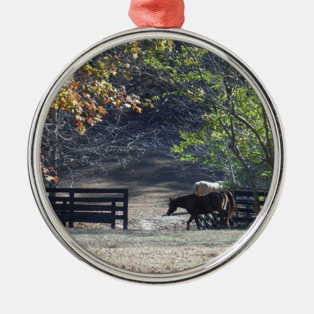 Brown Horse walking through Fence Metal Ornament (Front)