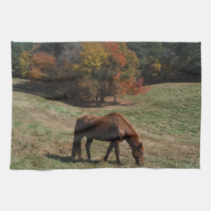 Brown horse with fall trees tea towel
