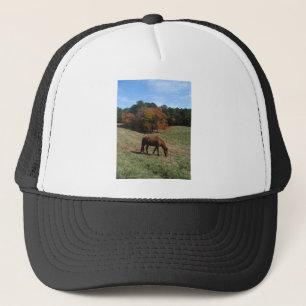 Brown horse with fall trees trucker hat