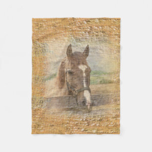 Brown Horse with Halter on Old Wood Fleece Blanket