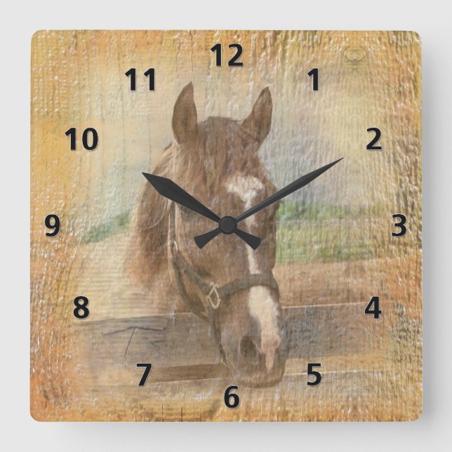 Brown Horse with Halter on Old Wood Square Wall Clock (Front)