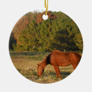 Brown Horse with Pine Trees Ceramic Ornament