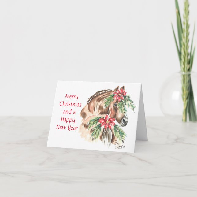 Brown Horse with Poinsettia on tail and forelock Holiday Card (Front)