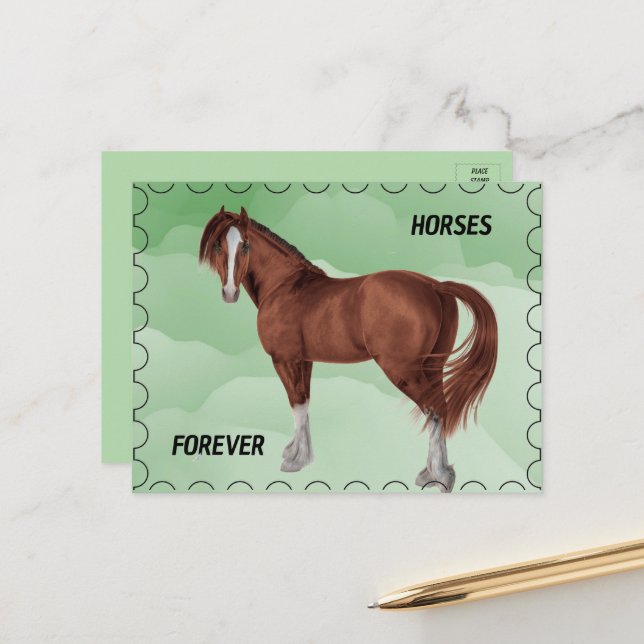 Brown Horse with Postage Stamp Look Postcard (Front/Back In Situ)