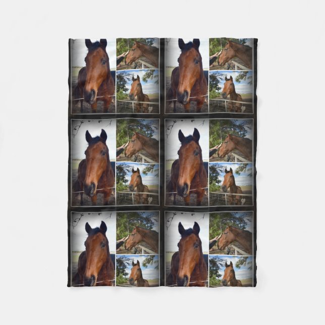 Brown Horses In A Photo Collage. Fleece Blanket (Front)