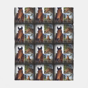 Brown Horses In A Photo Collage,Medium Fleece Blanket