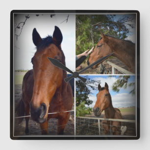 Brown Horses In A Photo Collage, Square Wall Clock